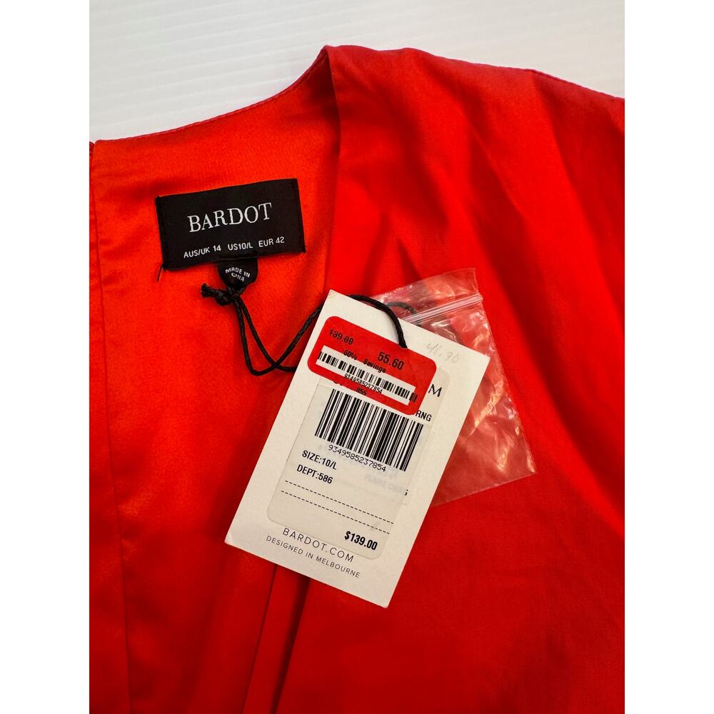 Bardot The Amie Red Ruched Mini Dress Puff Sleeve Ruffle Hem NWT L 10 Cotton - Picture 15 of 16